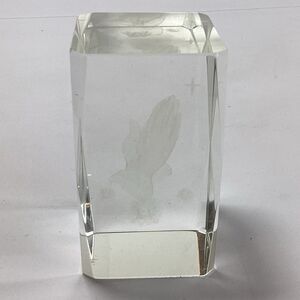 Praying Hands Paperweight Clear Glass Hologram 3D Laser Etched